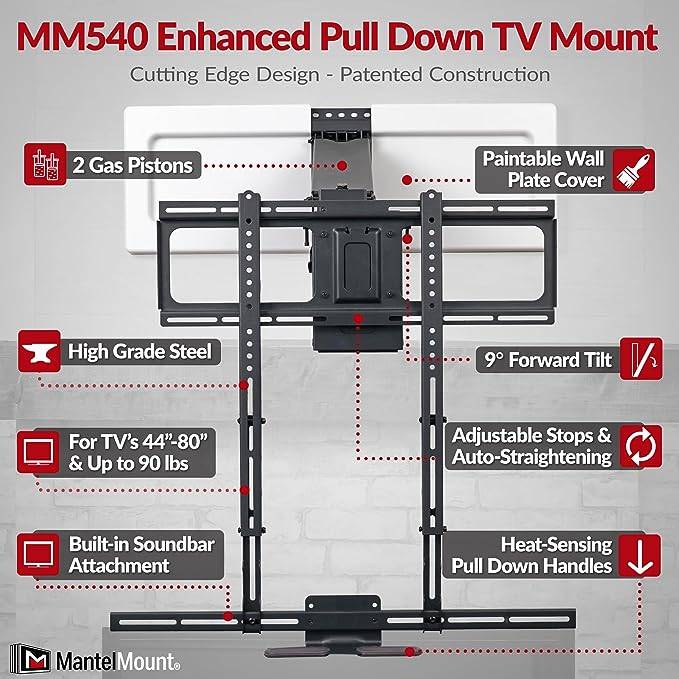 MantelMount MM540 - Above Fireplace Pull Down TV Mount for 40" to 80" Screen TVs to 90 lbs, with Patented auto-straightening, Adjustable Stops, Heat Sensor Handles & Paintable Covers
