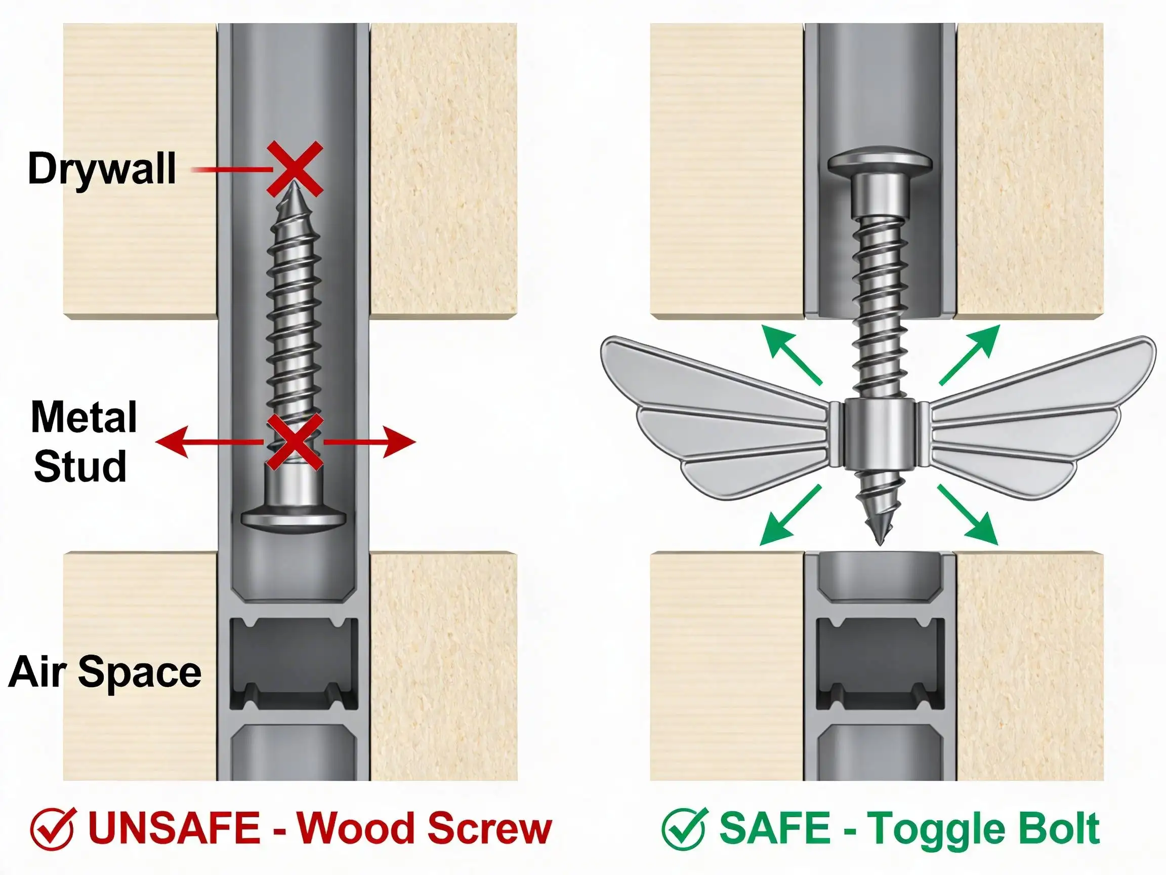Technical diagram showing unsafe wood screw vs safe toggle bolt installation for metal stud TV mounting in Ballantyne Charlotte NC